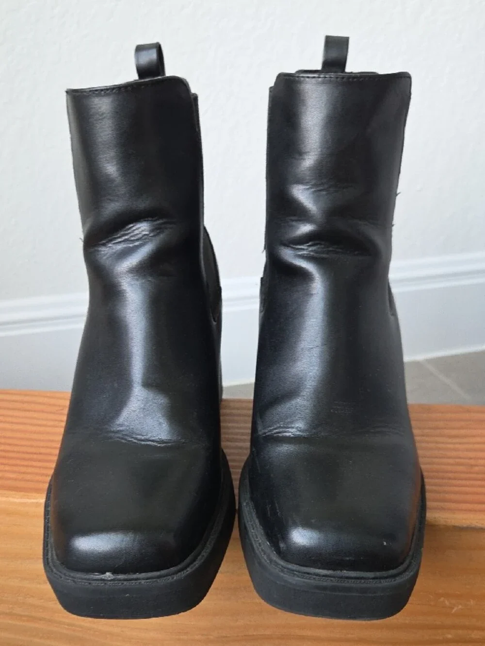 MIA Black Platform Chelsea Ankle Chunky Boots Block Square Heel Toe Leather